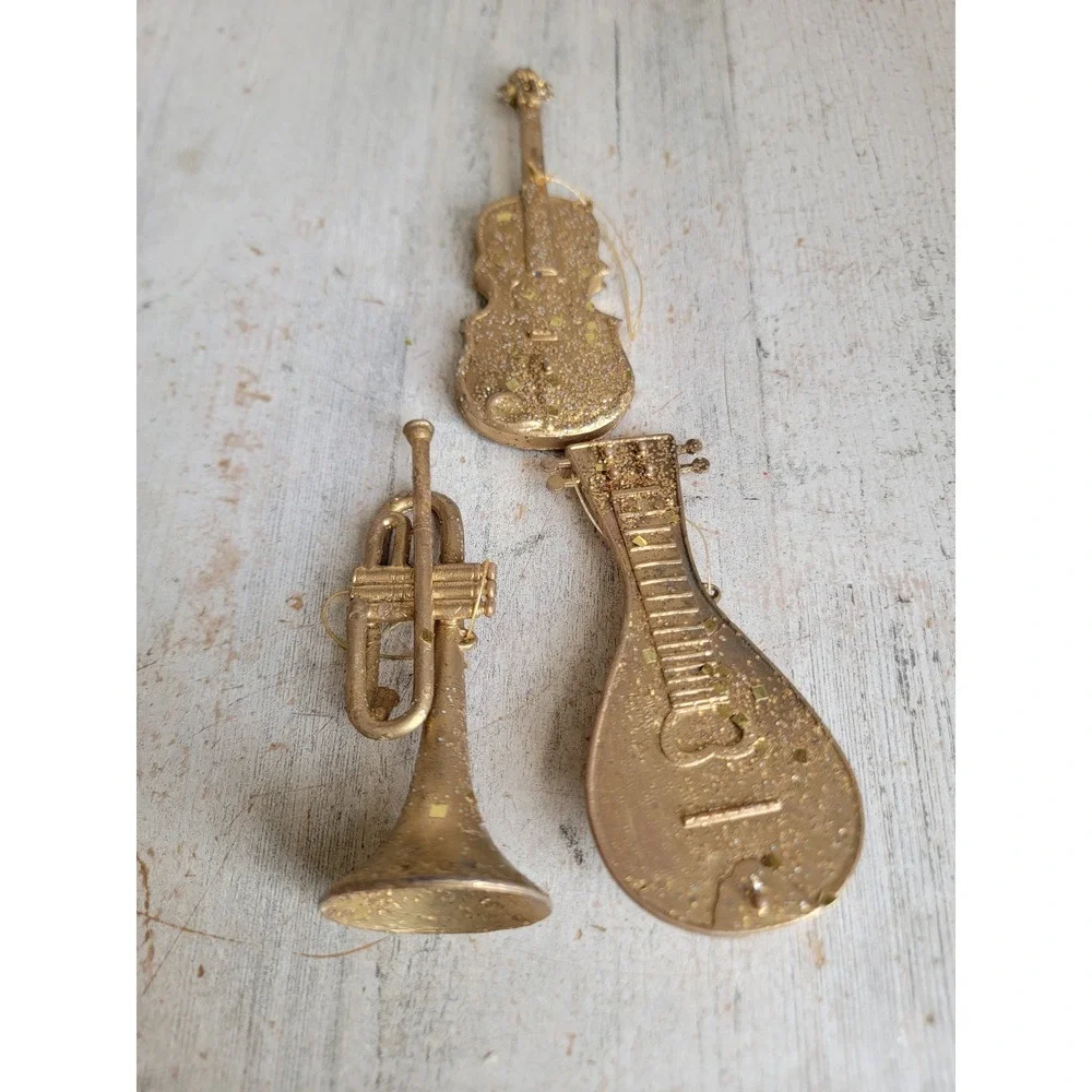 Golden music set cello violin horn vintage ornament Xmas set unique glitter